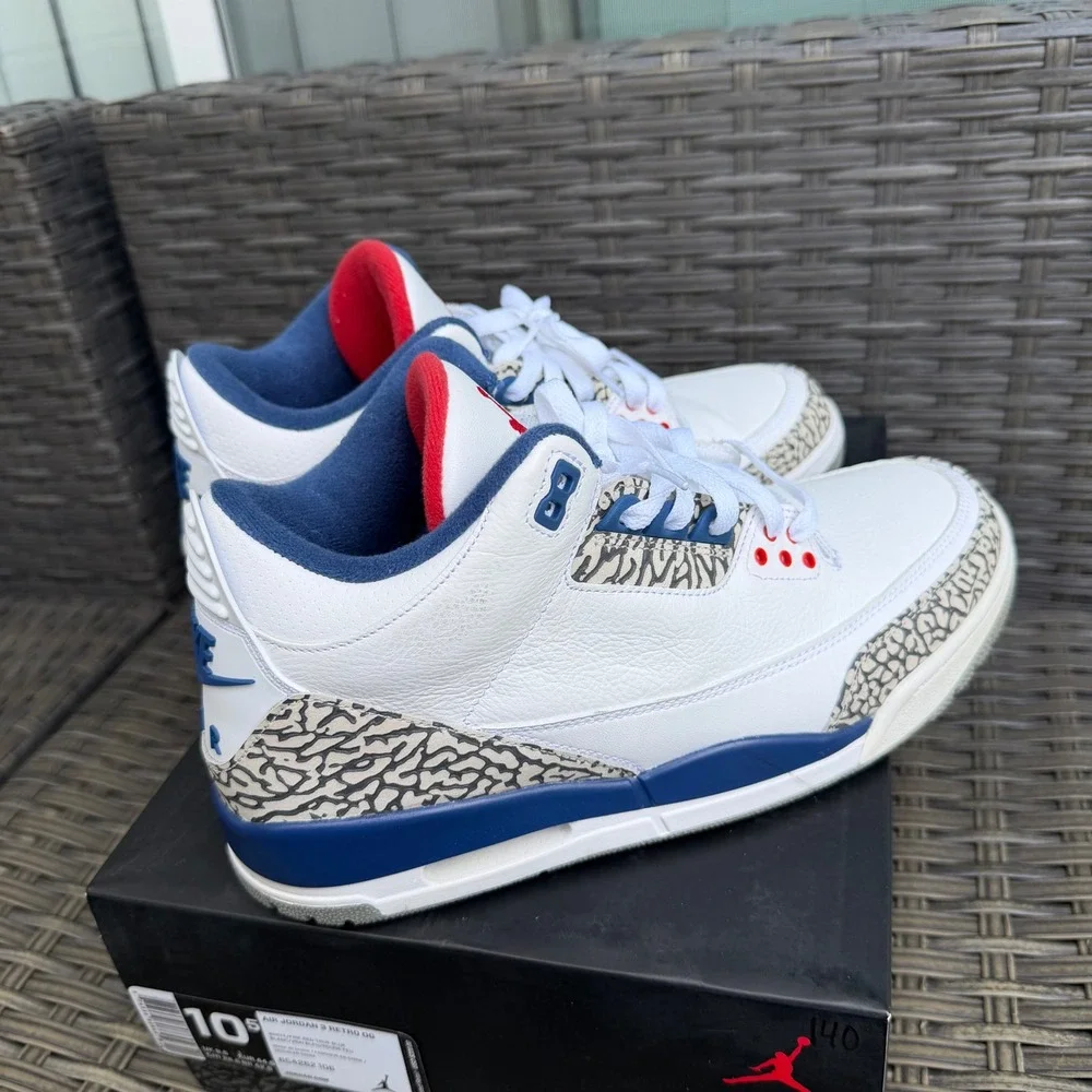 Air Jordan 3 Retro OG True Blue White Fire Red Blue Mens 10.5